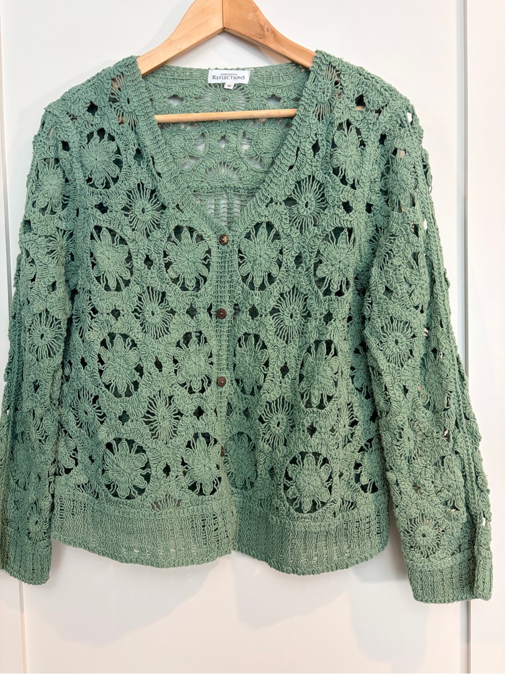 Sage Green Crochet Cardigan Sweater – Boho Cottagecore Medium